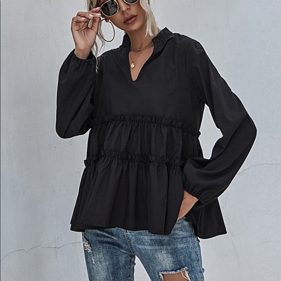 Boho Beige v neck ruffle babydoll long sleeve top - Picture 4 of 15